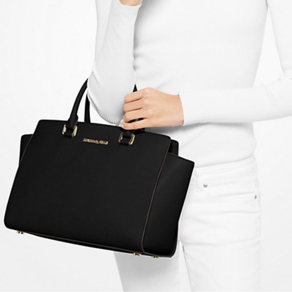 MICHAEL KORS SAFFIANO 🖤BLACK🖤 LEATHER MEDIUM SATCHEL BAG & WALLET SET 🌟EUC🌟 - Picture 3 of 17